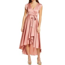 NWT Lulus Womens Dusty Rose Satin Tie Waist High Low Faux Wrap Dress L LARGE