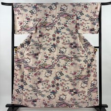 JAPANESE KIMONO FINE PATTERN PINK BEIGE 158.5cm 5 ft 2 in PURE SILK B1748