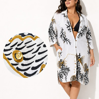 Club Z Collection 1X Cotton Gauze Shirt Dress Fish Tunic Swim Cover Up White