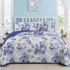 Blue Quilt Set King Nautical Beach Quilt Coverlet Set Coastal Seahorse Bedspr...