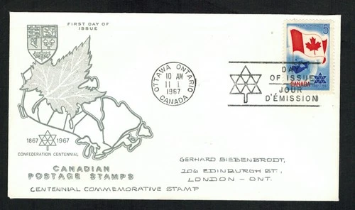 Canada #453, 1967 5¢ New Flag, Middlesex cachet FDC VF
