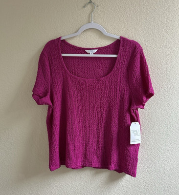 Time & Tru Womens Pink Square Neck Stretch Short Sleeve Pucker Tee Size XXL (20)