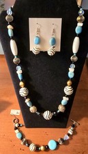 Boho Artisan Beaded Multicolor Blue Chunky Necklace, Bracelet And Earring Set
