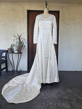 Vintage 90s Satin Floral Print Wedding Dress Long Sleeves Train Princess Lines L