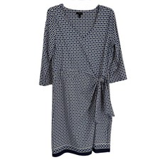 Talbots Jersey Side-tie shift dress Size 1X Blue White Wrap-look Stretch Career