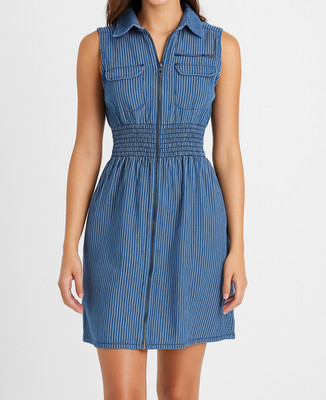 J Gee Striped A-Line Skater Dress Full Zipper Smocked Waist XL
