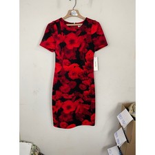 Calvin Klein Red Floral Poppy Sheath Dress Black Short Sleeve Scuba CD3MQ9JL 10
