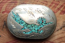 Vintage Dale Hand Made Road Runner Bird Turquoise Inlay Western Belt Buckle