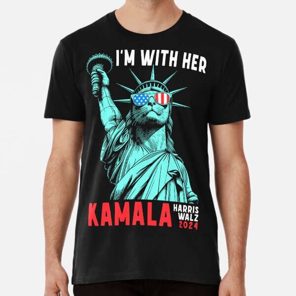 Cat Lady Statue Of Liberty Harris Walz Gift USA Flag Great Premium T-Shirt S-5XL