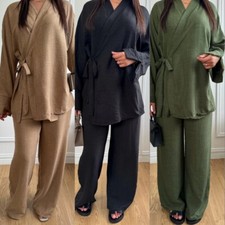 Middle East Women Top Wide Leg Trousers Lace Up Solid Color Casual 2 Piece Set