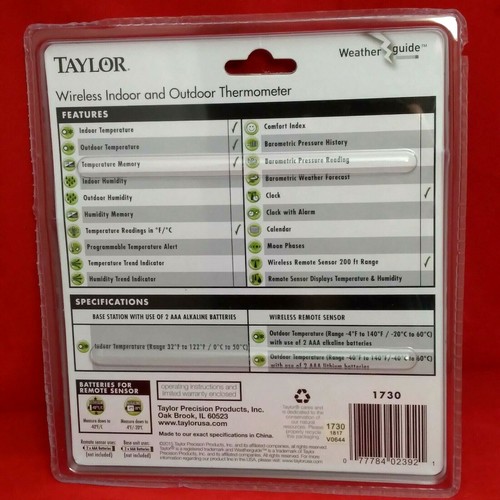 Taylor Wireless Indoor/Outdoor THERMOMETER Sensor Digital LCD Black
