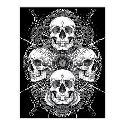 Human Skulls Black White Trippy Tribal Mandala Wall Art Poster