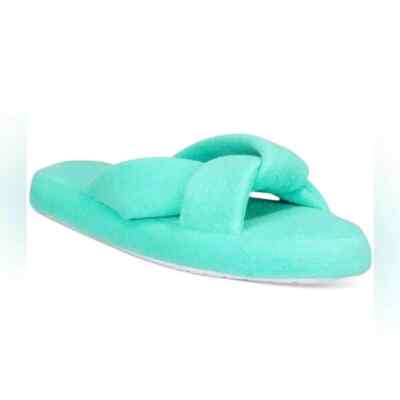 Jenni Women Terry Cloth Crossband Slide Spa Slippers Green M