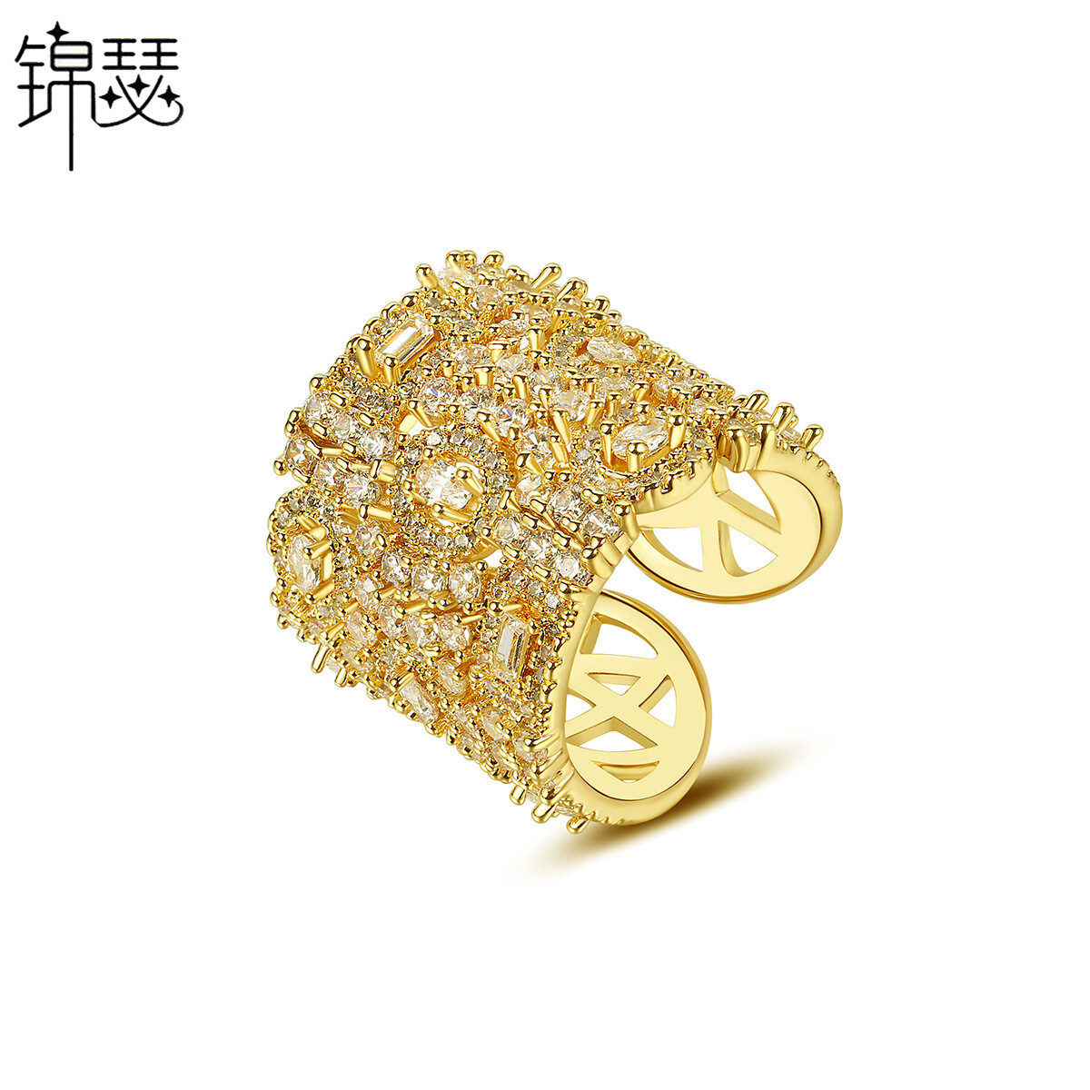 Exaggerated White Zircon Micro Set Luxury Open Women's New Gold Plated Ring
