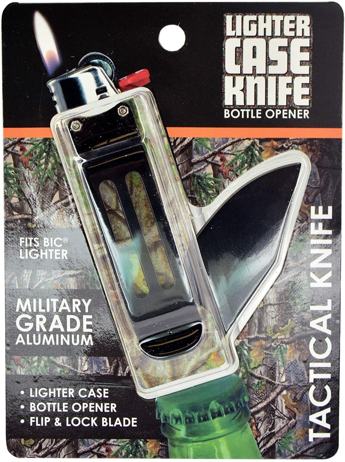 Case With Tactical Knife & Bottle Opener Fits Bic Lighter - Camouflage