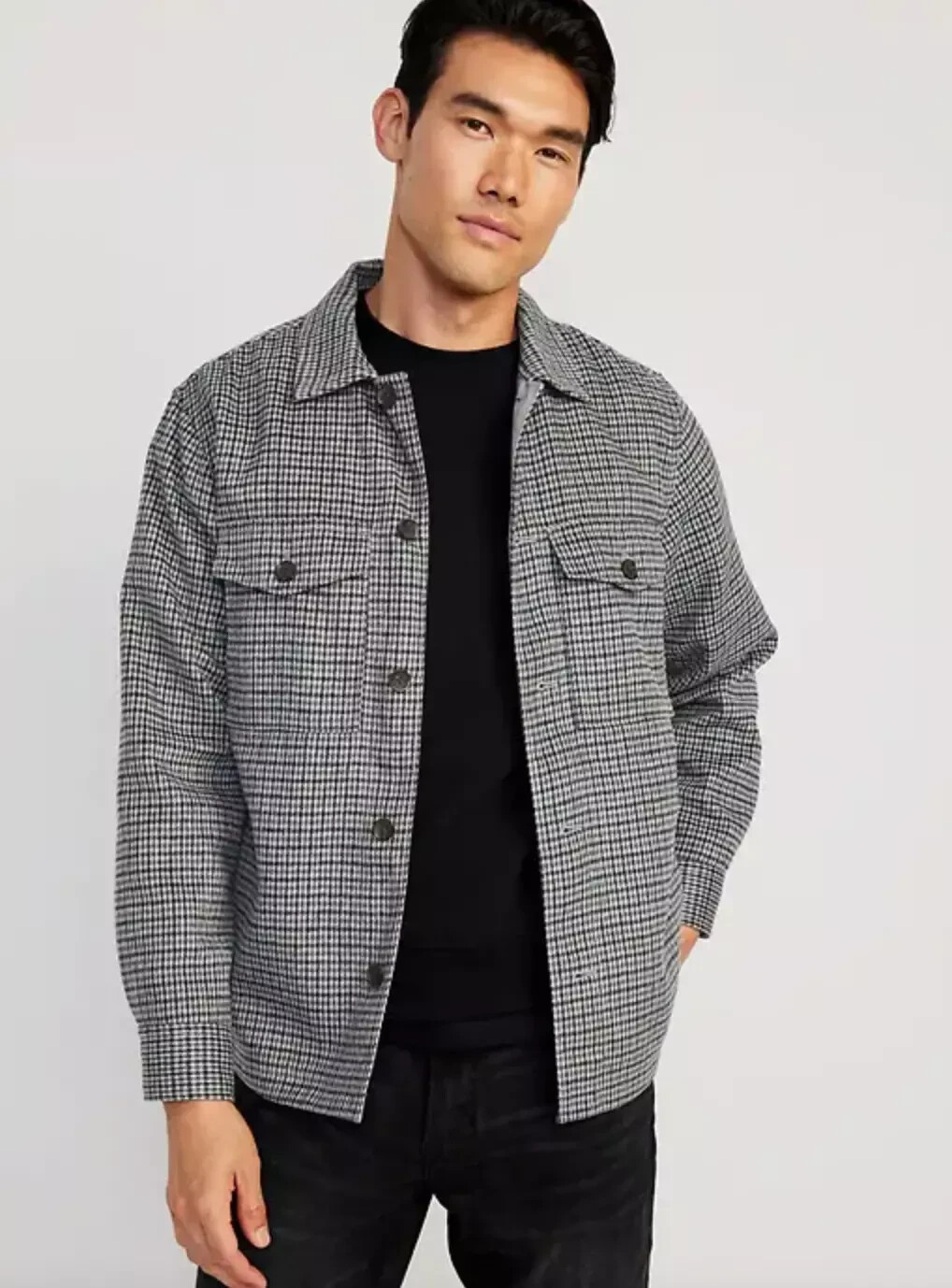 Old Navy Men's Size L Tall Gray Houndstooth Plaid Soft-Brushed Shacket Jacket