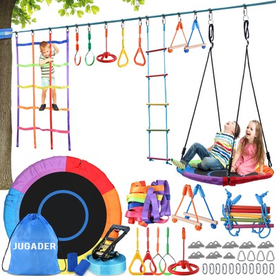 50ft Obstacle Course for Kids Ninja Warrior Slackline Monkey Bar with Tree Swing