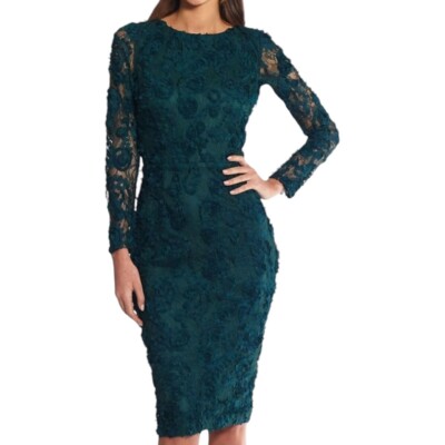 xscape lace midi dress Xscape Sz 8 Long Sleeve Lace Raised Floral Midi Sheath Dress Formal NEW!