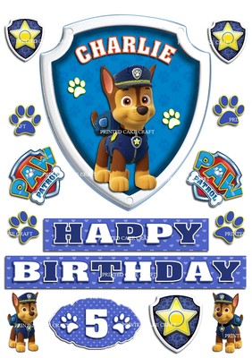 EDIBLE PERSONALISED PAW PATROL BADGE CHASE ICING CAKE TOPPER HAPPY