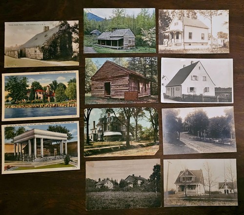 11 Postcards Log Cabins, Homes, Homesteads 1900s- RARE GREEN 10öre SVERISE STAMP