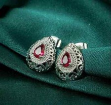 3Ct Pear Lab Created Pink Ruby Stud Women's Earring 14K White Gold Plated Silver