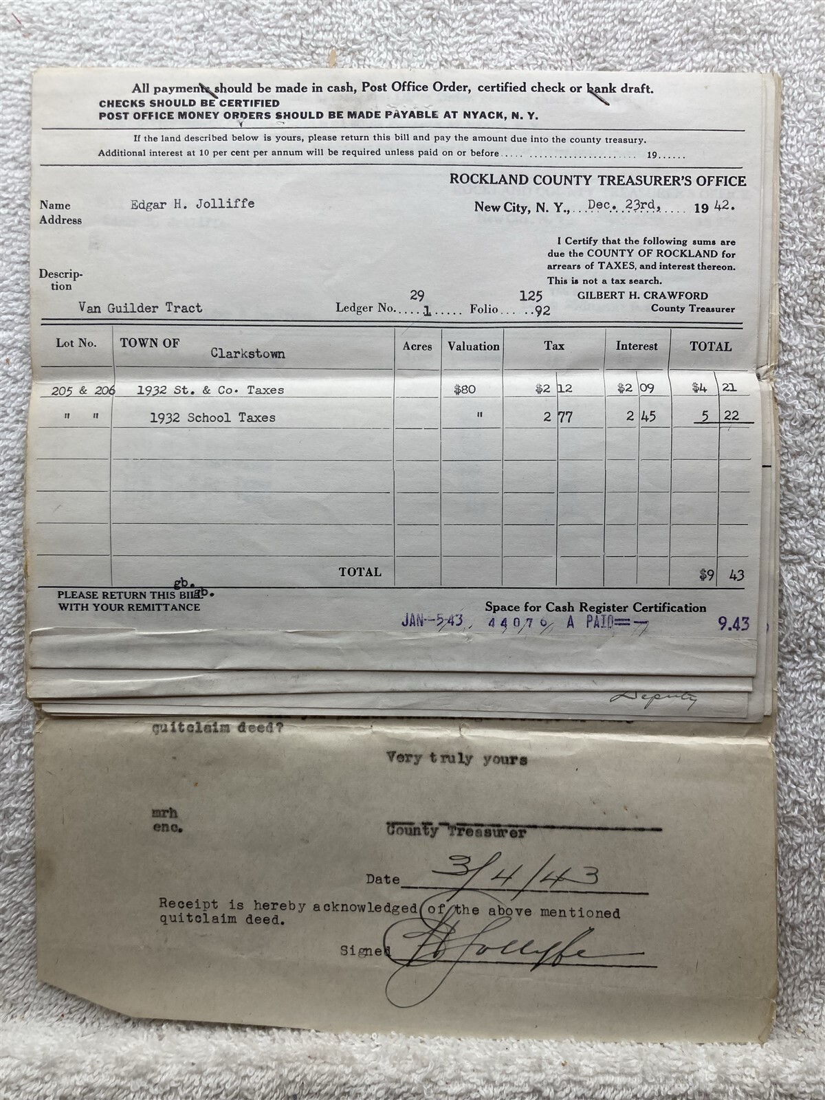 1942 1943 Rockland County NY Sheriff Property Sale Tax Receipts