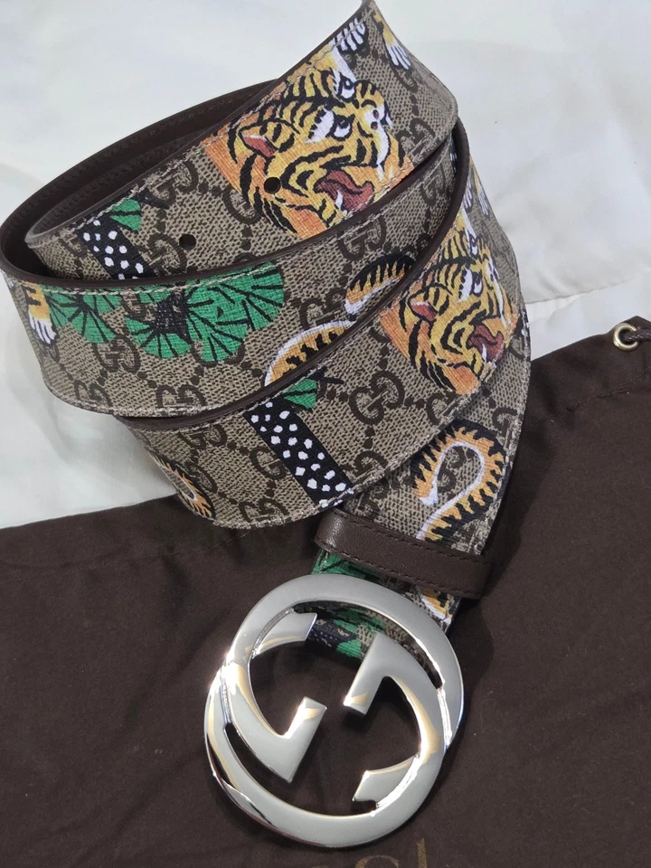 Auténtico Cinturón Gucci Tigre Marrón Monograma Plateado Talla 40-44 115cm Foto 3 de 4
