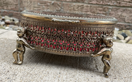 VTG Ormolu Brass Cherub Vanity Footed Jewelry Trinket Brass Box 6" wide