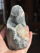 Blue/Grey Chalcedony with Calcite and Peach Stilbite Free Standing at 1.23 Lbs