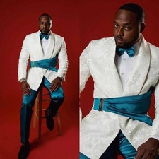 Fashion Men's Suits Wedding Tuxedos Prom White Floral Paisley Blazer Satin Pant