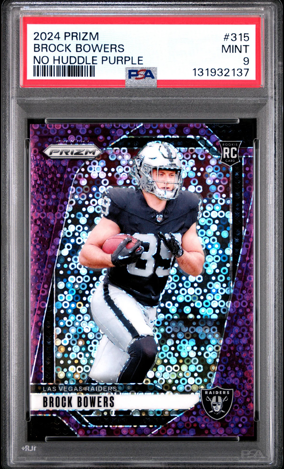 2024 Panini Prizm Brock Bowers #315 No Huddle Purple 22/49 Rookie PSA 9