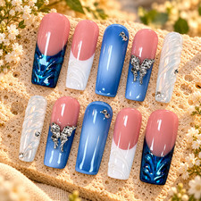 Pink Blue Ombre Press On Nails Silver Butterfly Rhinestone 3D Nail Art Set