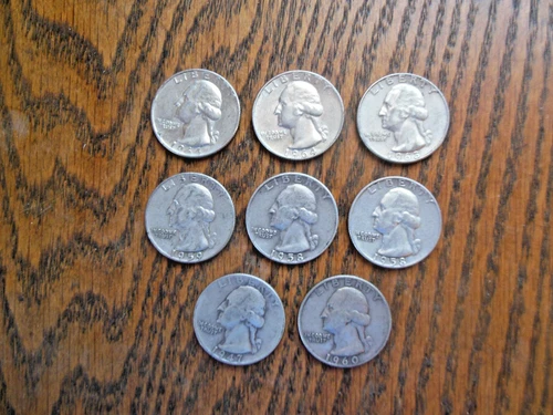 90% Silver Washington Quarters Lot 1947 1958 59 60 63 64 Lot of 8