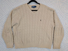 Vtg Polo Ralph Lauren Sweater Mens XL Beige Cable Knit V Neck Pullover Pony 90s