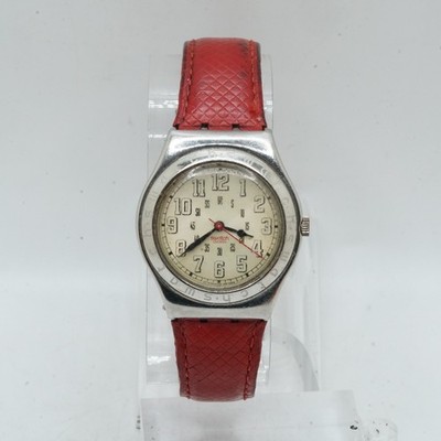 Vintage 1990s Swatch Irony Swiss Watch Red Strap Stainless Steel Untested Parts