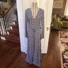 Lulus Blue Patterned Long Sleeve Maxi Slits NWT D52