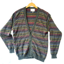 90s Carni Hand Knit Cardigan Sweater Bolivia Fair Isle 100 Alpaca Wool Mens L