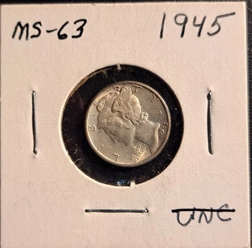 1945-P, Mercury Dime, 10¢, 90% Silver, UNC, FSB, Nice