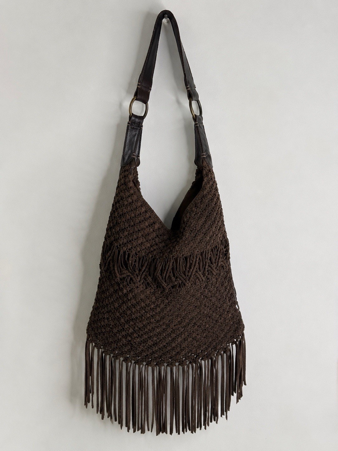 Punahou Brown Woven Fringe Hobo Bag Boho Leather Festival Shoulder Purse