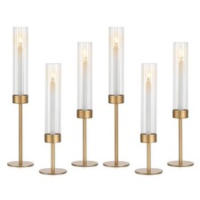 Hurricane Gold Candlestick Holders: 6Pcs Taper with Glass Cylinder
