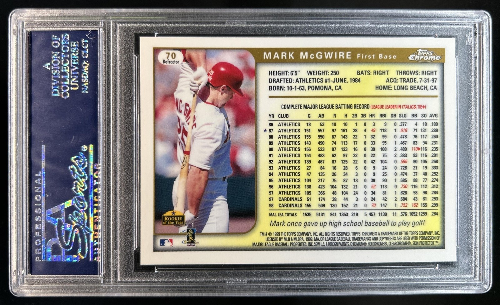 1999 Topps Chrome Mark McGwire Refractor #70 Cardinals PSA 10 GEM MINT view 2