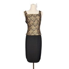 Vintage Joseph Ribkoff Suit Top Skirt Small 6 Pinstripe Blk Gold Lace