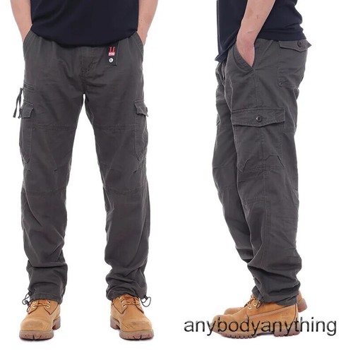 Hombres Pantalones de Carga Informales Cremallera Multi-bolsillo Rectos Pantalones Sueltos Cintura Elástica - Imagen 3 de 28