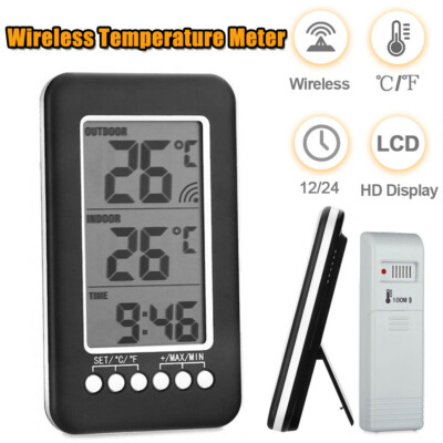 LCD Digital Thermometer Clock Wireless Temperature Meter Gauge Indoor/Outdoor