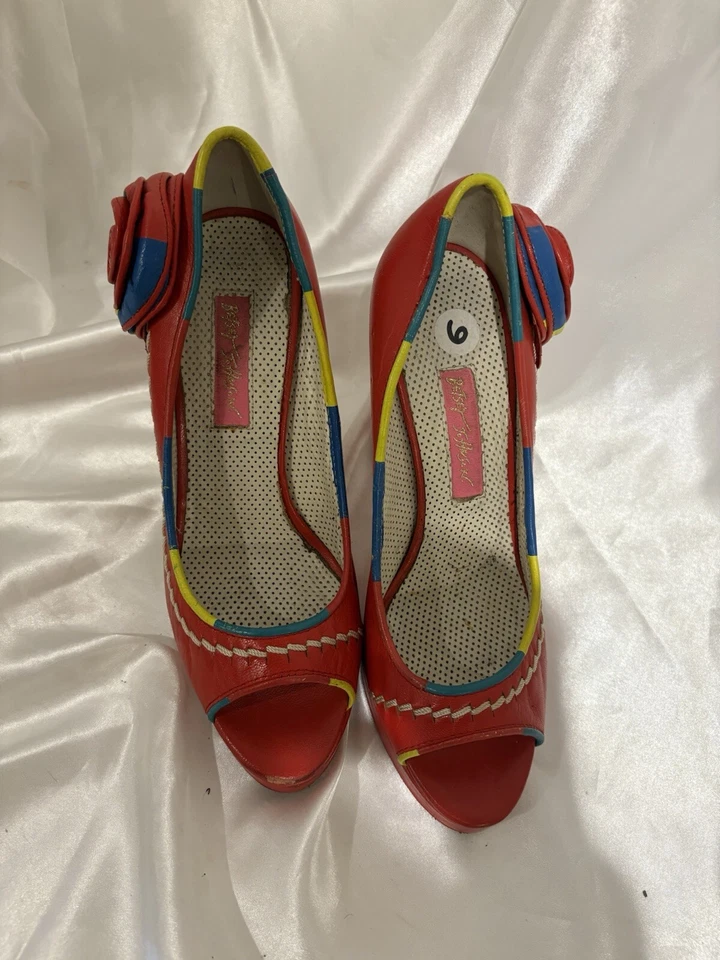 Zapatos de tacón alto Betsey Johnson para mujer 6 punta abierta multicolor floral como está Foto 3 de 4
