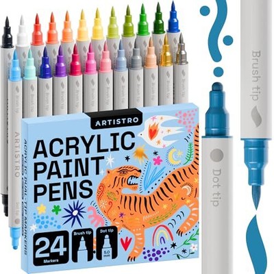 24 Colors Acrylic Paint Pens Dual Tip with Dot & Brush for Kids & Adults
