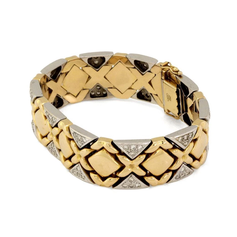 Wide Fancy Link Bracelet Estate 1.75ct Diamond 14k Two Tone Gold - Image 2 of 4