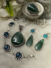   925 Silver R AL Malachite Necklace, Earrings, Bracelet, Ring/8.5