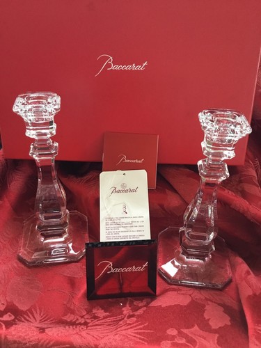 NIB FLAWLESS Stunning BACCARAT TIFFANY & CO Crystal 2 CANDLESTICK CANDLE HOLDERS - Picture 2 of 12