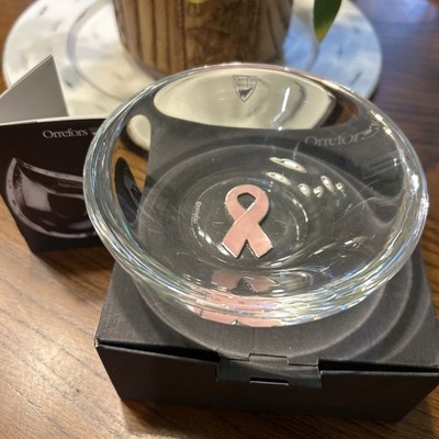 Orrefors Sweeden 5.5'' Hand Painted Breast Cancer Ribbon Glass Bowl - New In Box
